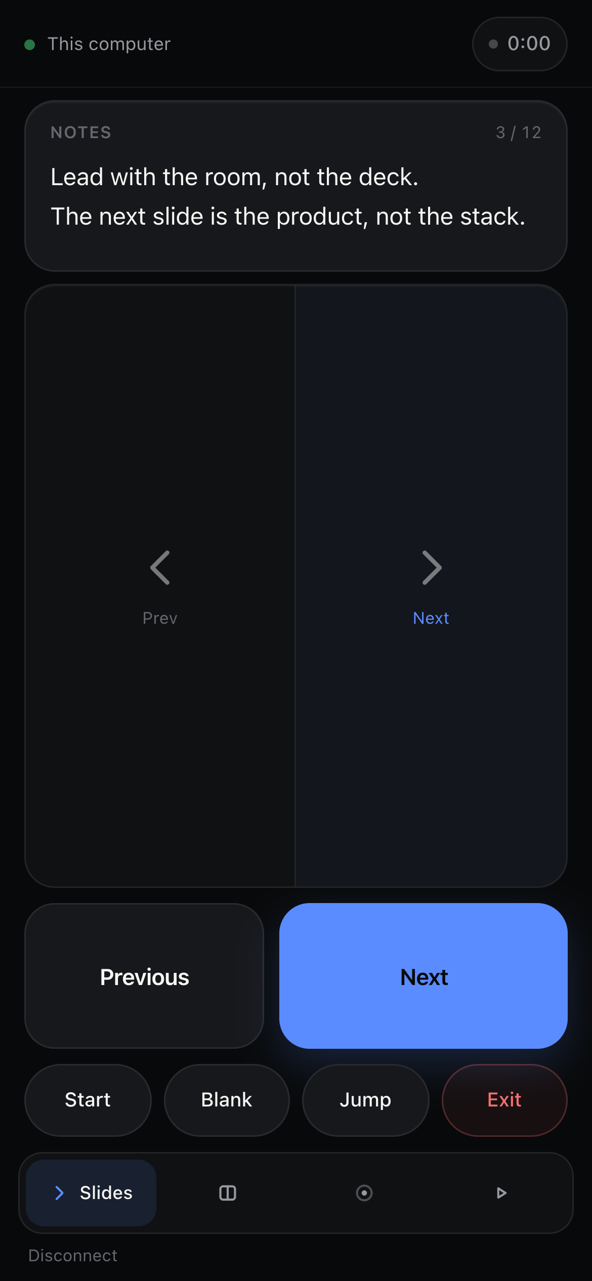 Still of the Slides remote: notes, a prev/next pad, and jump.