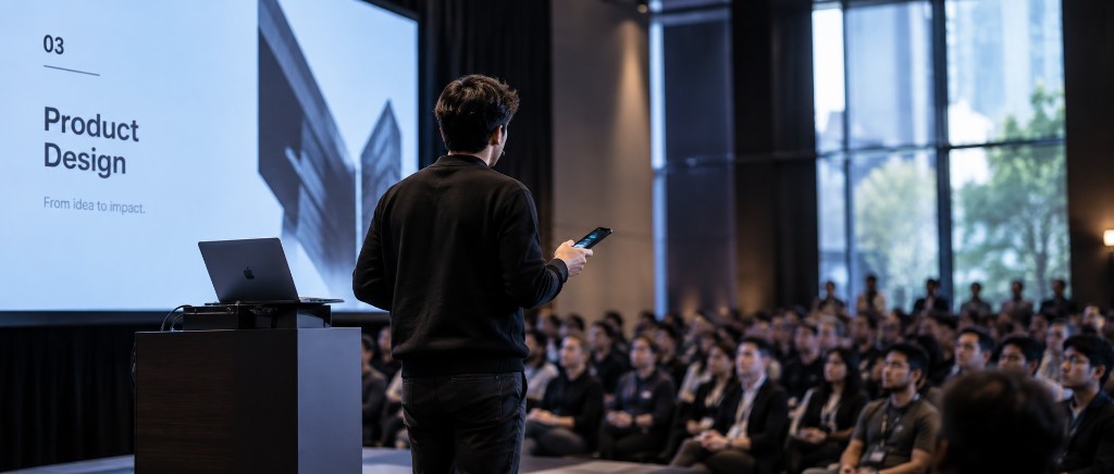 A presenter on stage, phone in hand, slides on the wall.
